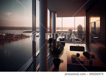 Empty loft style room with concrete floor and city view 98606974