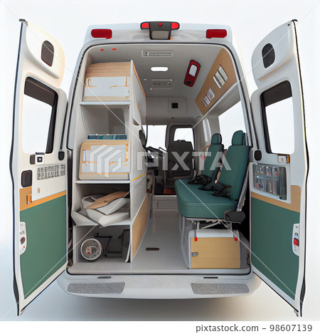 Rear view of the interior of an open ambulance isolated on a white background Rear view of the interior of an open ambulance isolated on a white background 98607139