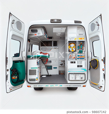 Rear view of the interior of an open ambulance isolated on a white background 98607142