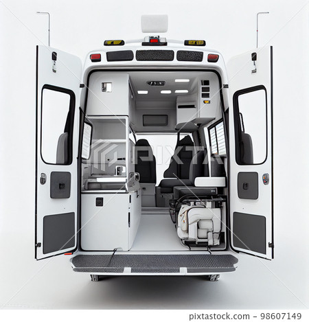 Rear view of the interior of an open ambulance isolated on a white background 98607149