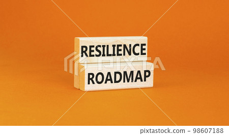 Resilience roadmap symbol. Concept word Resilience roadmap typed on wooden blocks. Beautiful orange table orange background. Business and resilience roadmap concept. Copy space. 98607188