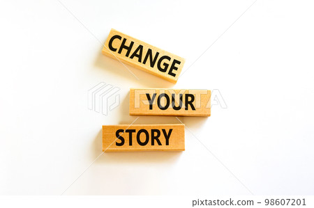 Change your story symbol. Concept words Change your story on wooden blocks on a beautiful white table white background. Business finacial and change your story concept. Copy space. Change your story symbol. Concept words Change your story on wooden blocks on a beautiful white table white background. Business finacial and change your story concept. Copy space. 98607201