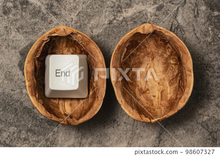 Cracked walnut shell with a END key of computer keyboard Cracked walnut shell with a END key of computer keyboard 98607327