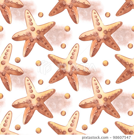 Seamless watercolor pattern on the marine theme. Starfish, powder-colored pearls hand-drawn in watercolor on a white background. Suitable for printing, wallpaper, fabric, scrapbooking and crafts 98607547