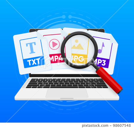 File Searching concept. File Manager and data storage. Storage and indexing of information. Magnifying glass and laptop with files. User and data archive. Vector illustration. 98607548