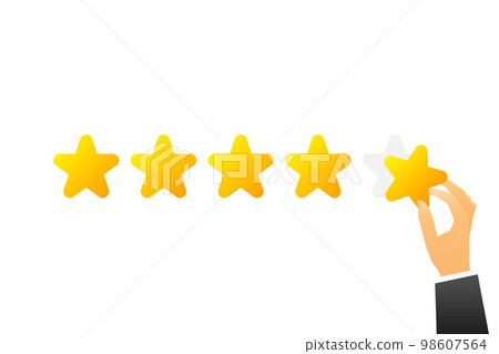 Feedback or Rating concept. Hand holds yellow star. Sign of feedback or rating. Good review and supporting client service successful. Vector illustration. 98607564