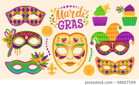Mardi gras set carnival party design. Fat tuesday, carnival, festival. For greeting card, banner, gift packaging, poster 98607599