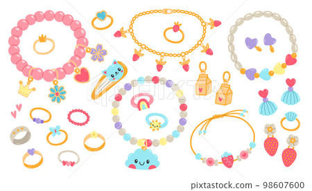 Kids jewelry set. Cartoon drawing of jewelry for children isolated on white. Fashion, jewelry concept Kids jewelry set. Cartoon drawing of jewelry for children isolated on white. Fashion, jewelry concept 98607600