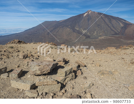 Close up view on colorful volcano pico del teide highest spanish mountain in Tenerife Canary island from mount Alto de Guajara with blue sky background. Horizontal, copy space Close up view on colorful volcano pico del teide highest spanish mountain in Tenerife Canary island from mount Alto de Guajara with blue sky background. Horizontal, copy space 98607733