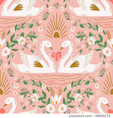 Swan pattern. Cute swan couple pink seamless background, floral branches, heart. Romantic vector print 98608278