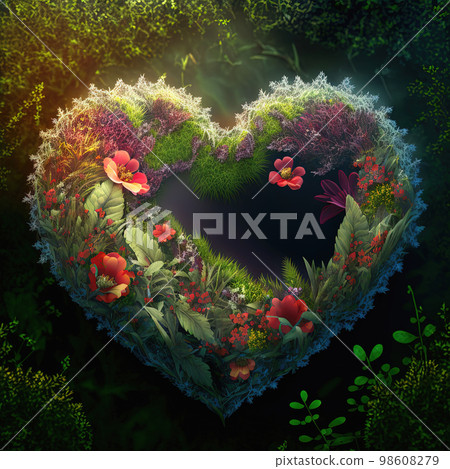 Green botanical heart made of flowers, leaves and plants on grass. Spring, summer, love nature concept AI 98608279