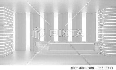 Golden textured podium against plaster textured wall with circular holes sunlit through window. 3d rendering background for product presentation 98608353
