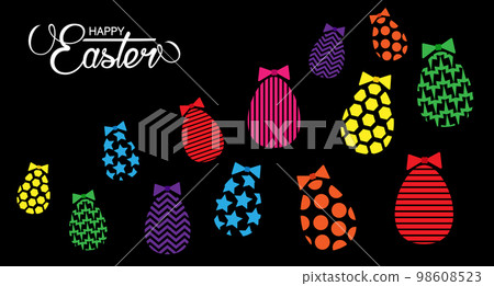 colorful Easter eggs banner set icons. Egg collection isolated on black background. Fashion design texture. Decoration Happy Easter celebration. Holiday elements vector Spring symbols 98608523