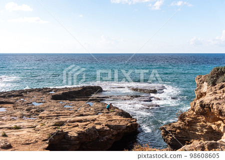 Rosh Hanikra grottoes rocks and caves famous nature tourist site (attraction) in north-western Israel (Galilee region), near Nahariya, in Mediterranean Sea. geological creation in coastline (shore). 98608605
