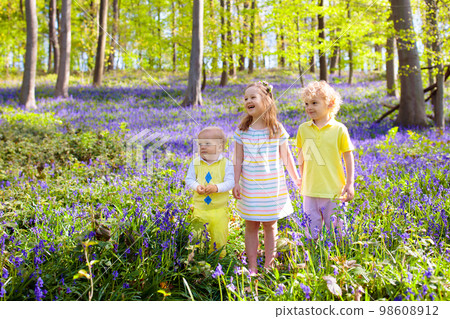 Kids playing in bluebell woods Kids playing in bluebell woods 98608912