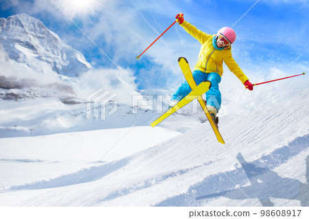 Kids ski. Winter family snow sport. Child skiing Kids ski. Winter family snow sport. Child skiing 98608917