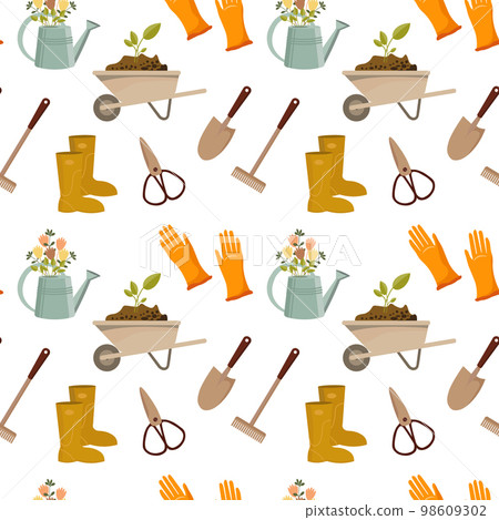 Seamless garden pattern, garden wheelbarrow, shovel, rake, boots, gloves, watering can, birdhouse, wooden signs. Background, spring print, vector 98609302