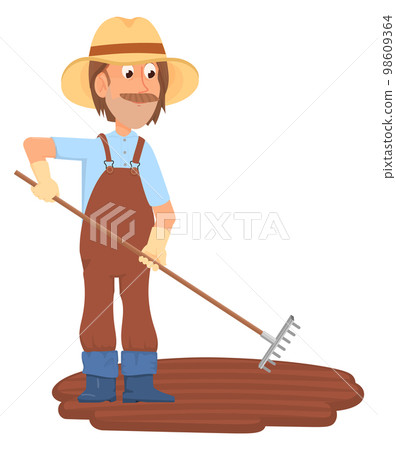 Farmer leveling soil with rake. Cartoon gardener character 98609364