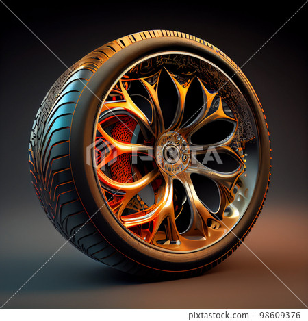 Black car wheel with carbon fiber barrel showing the weave Black car wheel with carbon fiber barrel showing the weave 98609376