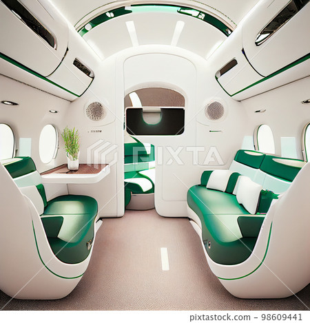 Business Interior Jet Airplane in green and white color. 98609441