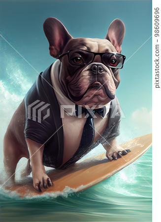 Funny French bulldog, in a business suit and glasses swims through the waves on a yellow surfboard. Funny French bulldog, in a business suit and glasses swims through the waves on a yellow surfboard. 98609696