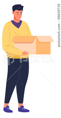 Young man hold open cardboard box. Person with package Young man hold open cardboard box. Person with package 98609739