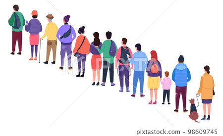 Refugee queue. People waiting in line rear view 98609745