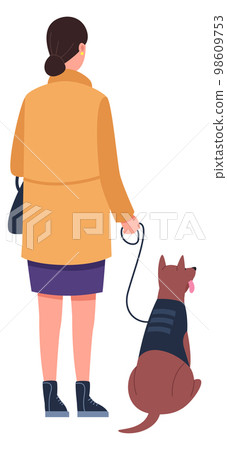 Woman with dog rear view. Person with pet outdoor Woman with dog rear view. Person with pet outdoor 98609753