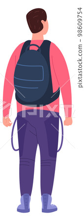 Young man with backpack. Student character rear view Young man with backpack. Student character rear view 98609754