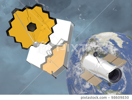 Hubble Space Telescope and JWST near the Earth planet of Solar system in outer space. 3D rendered illustration. Elements of this image where furnished by NASA. 98609830