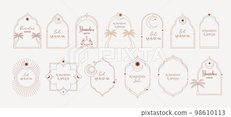 Collection of minimal linear style Islamic Ramadan Kareem logos, windows and arches with modern boho Collection of minimal linear style Islamic Ramadan Kareem logos, windows and arches with modern boho 98610113