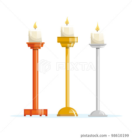 Candles placed on different candlesticks. Gold, silver and wood 98610199