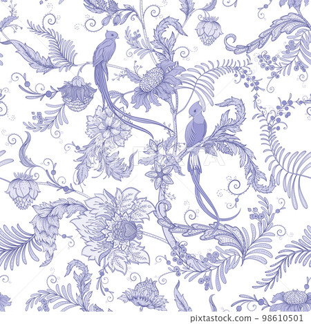 Fantasy flowers with bird of paradise quezal 98610501