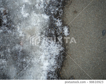 Ice on the asphalt. Frozen water stream. Ice on the asphalt. Frozen water stream. 98610923