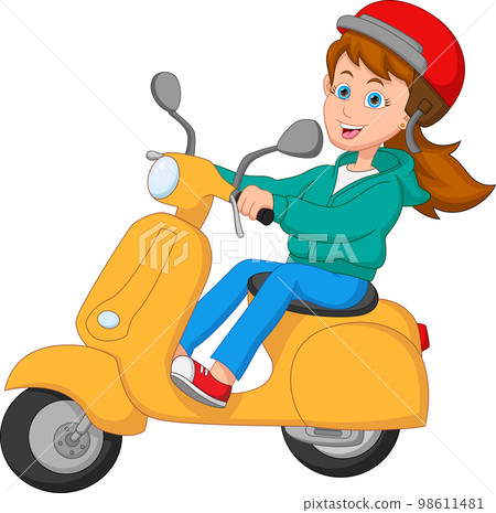 young girl riding a scooter 98611481