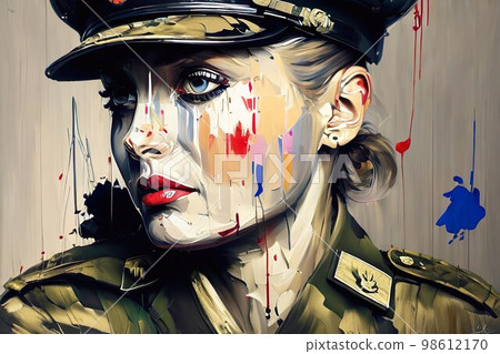 Portrait of a female soldier in military uniform. Abstract oil painting. Created with generative AI Portrait of a female soldier in military uniform. Abstract oil painting. Created with generative AI 98612170