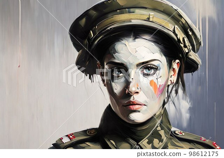 Portrait of a female soldier in military uniform. Abstract oil painting. Created with generative AI 98612175