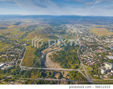 Ukraine, Stryi, Beautiful views on the river and city,  bird's eye view from quadcopter, dron 98612810