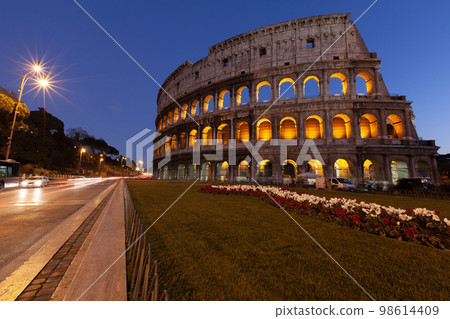 rome, italy, colosseum old ancient building gladiator battle at night. 98614409
