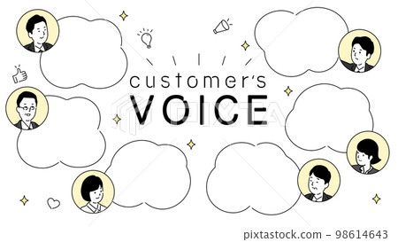 Customer testimonials template design, round speech bubble and illustration of men and women, white background, vector 98614643