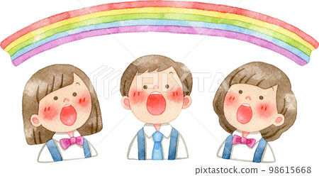 Watercolor illustration of singing children and a rainbow (text material) Watercolor illustration of singing children and a rainbow (text material) 98615668