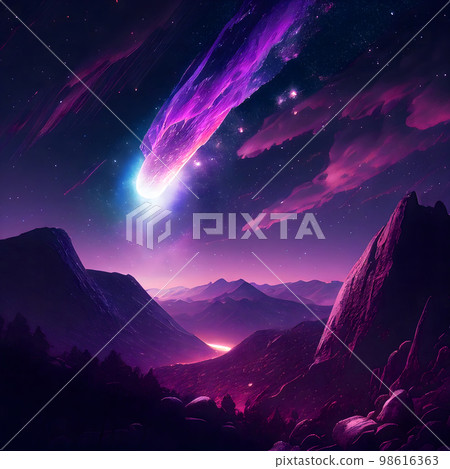 A comet crossing the night sky over mountains and valleys "AI-generated image" 98616363