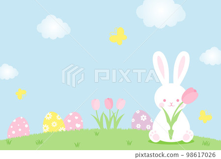 用兔子、復活節彩蛋和鮮花做背景說明 98617026