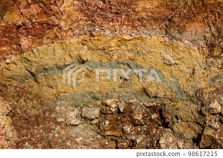 Texture of multi-colored layers of clay coming out in nature Texture of multi-colored layers of clay coming out in nature 98617215