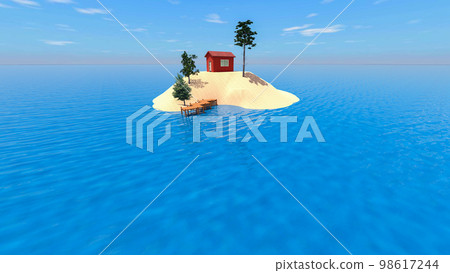 Illustration of a small house on a small isolated island floating in the ocean 98617244