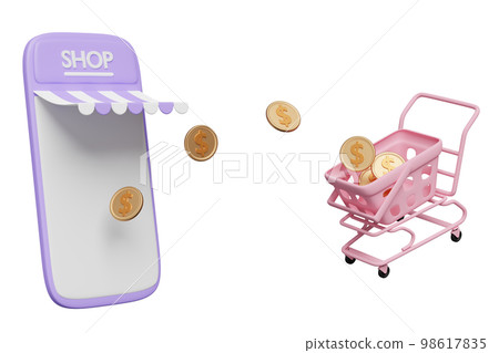 3d purple mobile phone, smartphone with store front, shopping cart, basket, coins isolated. online shopping, minimal concept, 3d render illustration 98617835