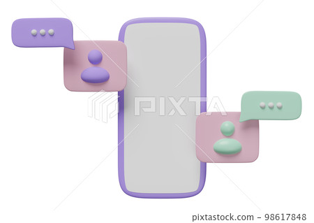 3d social media with mobile phone, smartphone icons, chat bubbles, people isolated. online social, communication applications, template concept, 3d render illustration 98617848