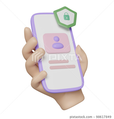 3d social media with hand hold mobile phone, smartphone, shield icons, people isolated. Internet security, privacy protection, ransomware protect, verify identity, 3d render 98617849
