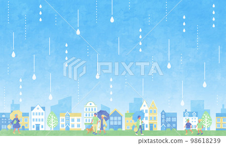 Rainy cityscape and people vector illustration background Rainy cityscape and people vector illustration background 98618239