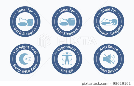 Ergonomic pillow certification sign. Special features symbol. Pillow unique selling point badge vector illustration. Perfect design for shop and sale banners. 98619161